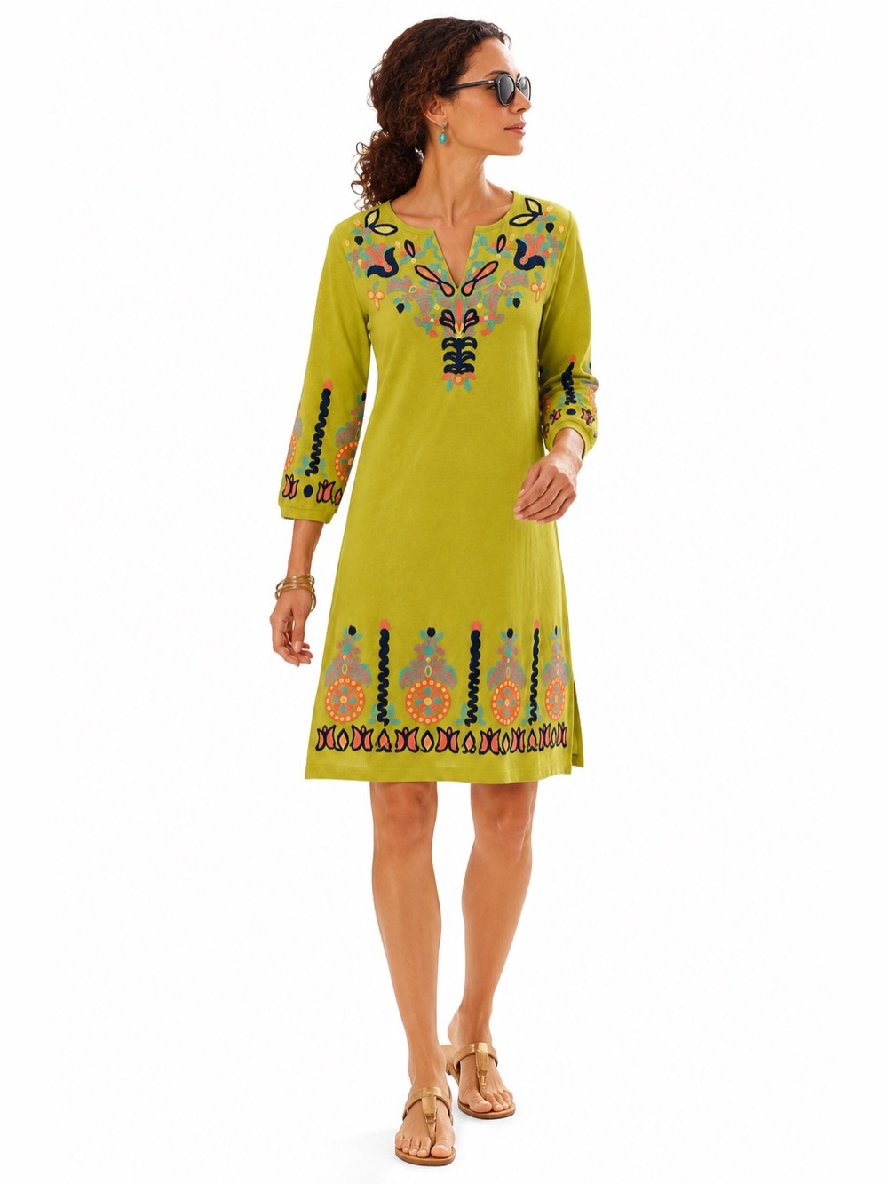 Embroidered Tunic Dress Mustard Green Beach Cover Up Boho Resort Wear Medium